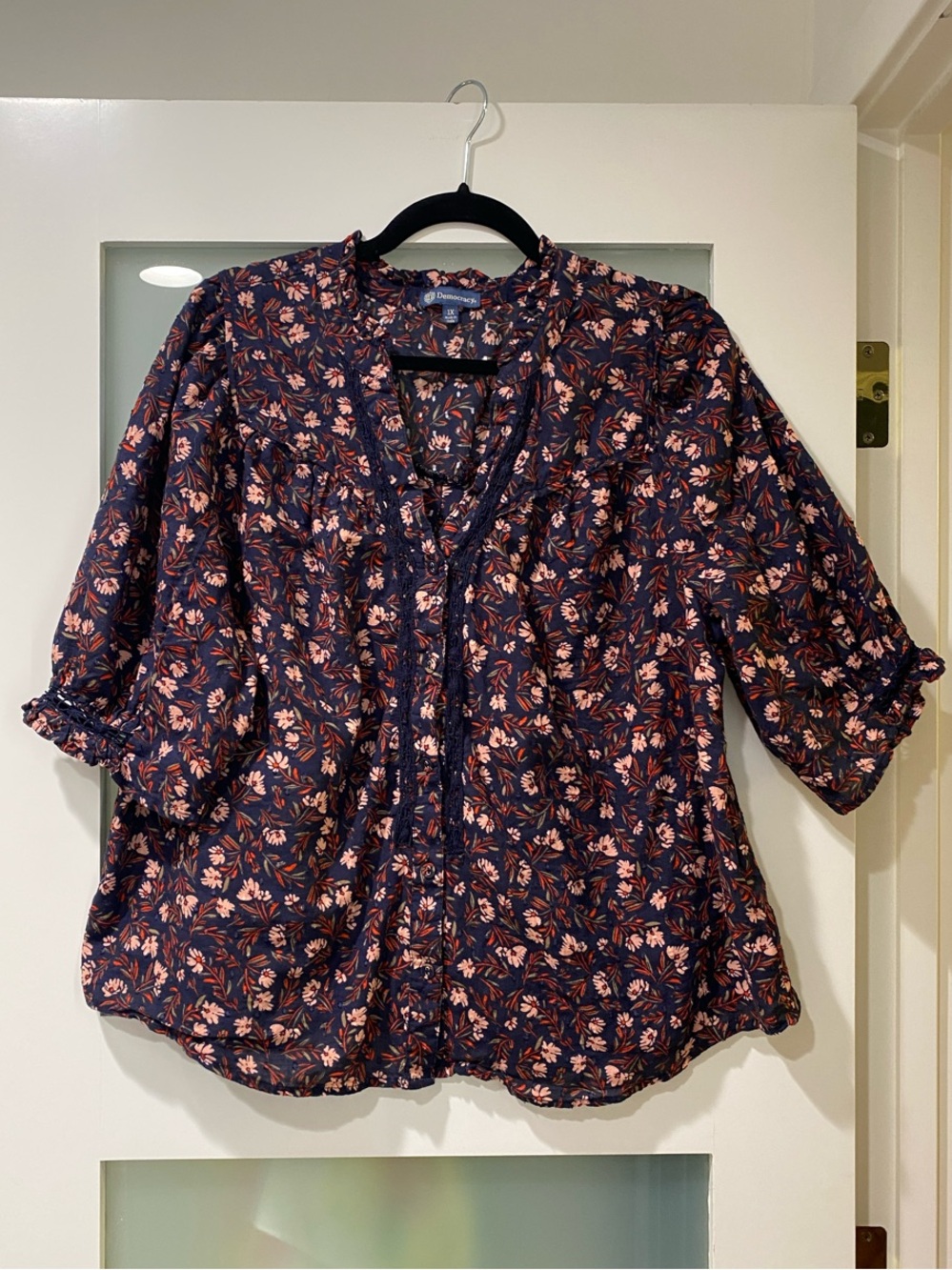 Democracy Navy Floral Short Sleeve Blouse with Pink Accents